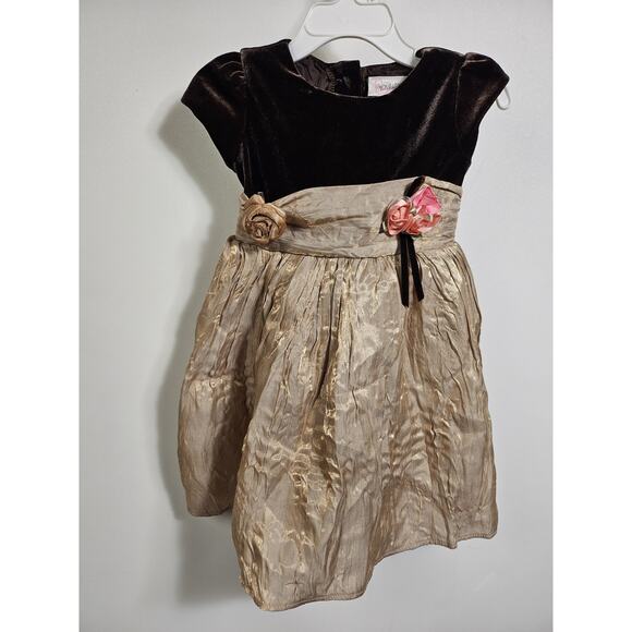 Youngland Baby Dress with Roses size 2T Brown Velvet Gold Silky Rosettes + Clip - Picture 1 of 14
